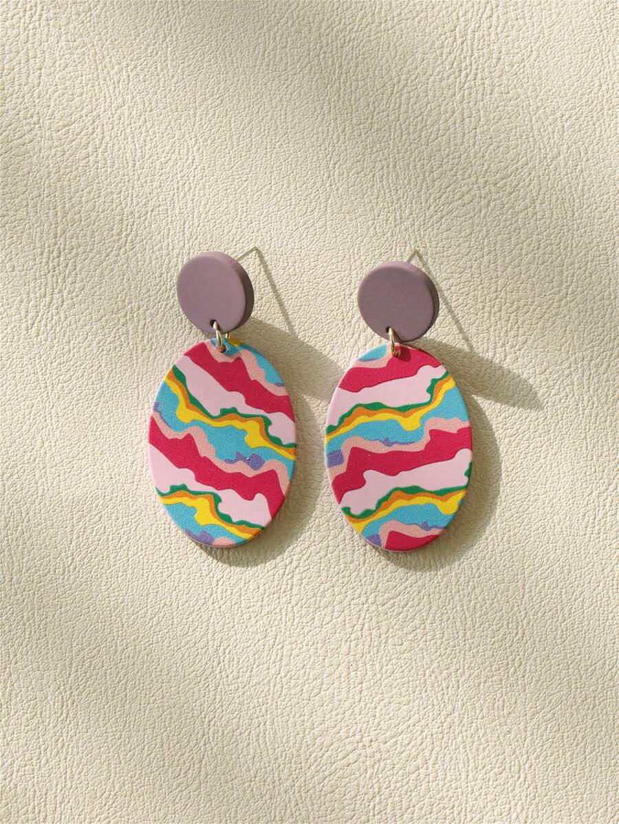 1對時尚撞色橢圓形耳墜適合女士日常裝飾 - 彩色 - 查看 1