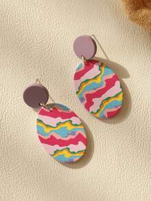 1對時尚撞色橢圓形耳墜適合女士日常裝飾 - 彩色 - 查看 4