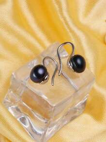 1 对时尚仿珍珠装饰银耳环女士礼物婚礼珠宝新娘珠宝节日 - 黑色 - 查看 2