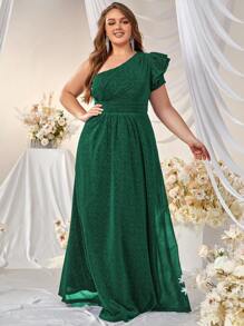 YISIKADO Plus One Shoulder Ruffle Trim Glitter Maxi Formal Dress - Dark Green - View 1