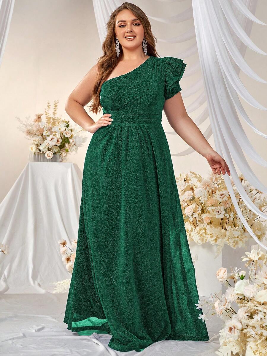 YISIKADO Plus One Shoulder Ruffle Trim Glitter Maxi Formal Dress - Dark Green - View 1