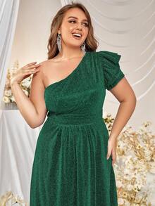 YISIKADO Plus One Shoulder Ruffle Trim Glitter Maxi Formal Dress - Dark Green - View 5