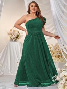 YISIKADO Plus One Shoulder Ruffle Trim Glitter Maxi Formal Dress - Dark Green - View 6