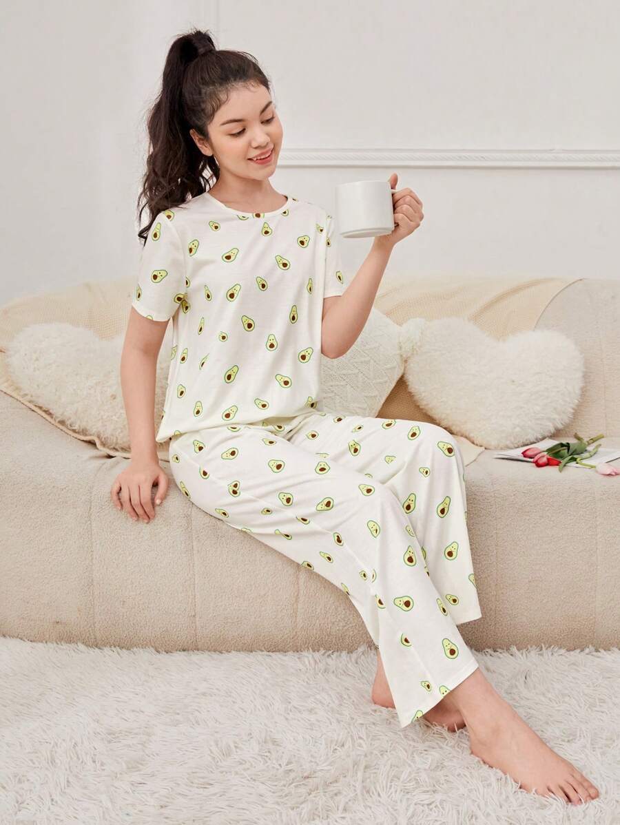 SHEIN Teen Girls Cartoon Graphic Tee & Pants PJ Set - Beige - View 1