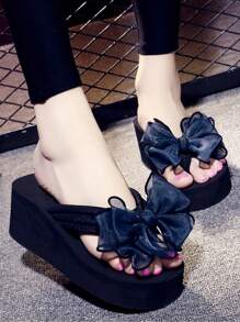 1 双女士厚底蝴蝶结人字拖，时尚高跟夏季拖鞋 - 藏蓝色 - 查看 1