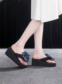 1 双女士厚底蝴蝶结人字拖，时尚高跟夏季拖鞋 - 藏蓝色 - 查看 3