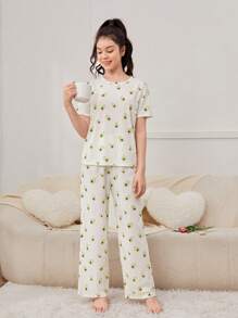 SHEIN Teen Girls Cartoon Graphic Tee & Pants PJ Set - Beige - View 4