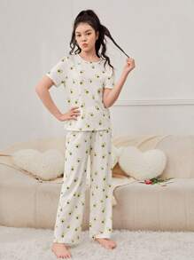 SHEIN Teen Girls Cartoon Graphic Tee & Pants PJ Set - Beige - View 5