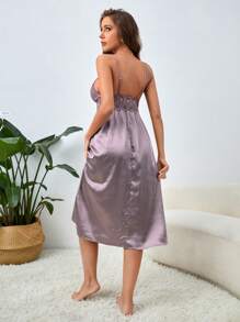 露背 蕾絲拼接 交叉 挖空純色女士睡裙 - 淺灰紫 - 查看 2