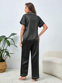Contrast Piping Satin PJ Set / Pajama Set - Black - View 2
