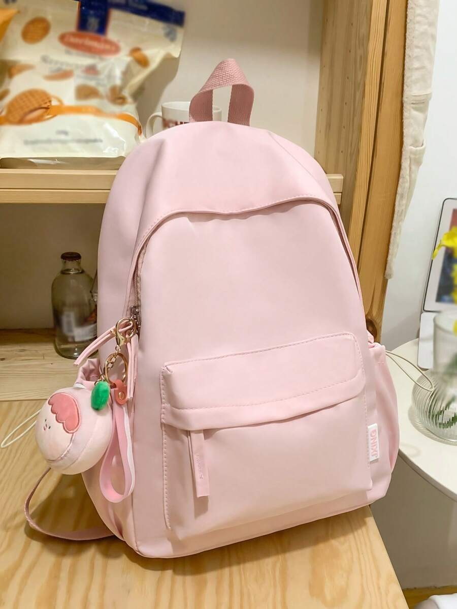 Polyamide Classic Backpack With Cartoon Pendant Letter Patch Decor Zip Front - Pink - View 1