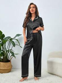 Contrast Piping Satin PJ Set / Pajama Set - Black - View 4