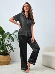 Contrast Piping Satin PJ Set / Pajama Set - Black - View 5