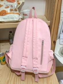 Polyamide Classic Backpack With Cartoon Pendant Letter Patch Decor Zip Front - Pink - View 2