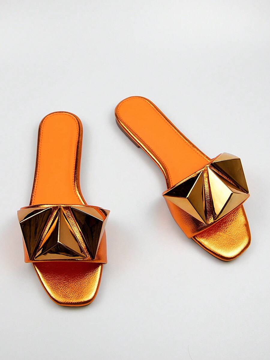 Dép lê nữ đính đinh tán kim loại, dép thời trang bằng da nhân tạo, phù hợp với trang phục mùa xuân hè. - trái cam - Xem 1