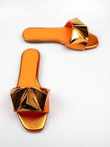 Dép lê nữ đính đinh tán kim loại, dép thời trang bằng da nhân tạo, phù hợp với trang phục mùa xuân hè. - trái cam - Xem 3