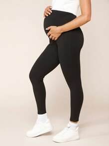 SHEIN 孕婦高腰素色緊身打底褲 - 黑色 - 查看 4