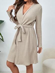 SHEIN Bata homewear unicolor con cinturón - Gris Claro - Ver 4