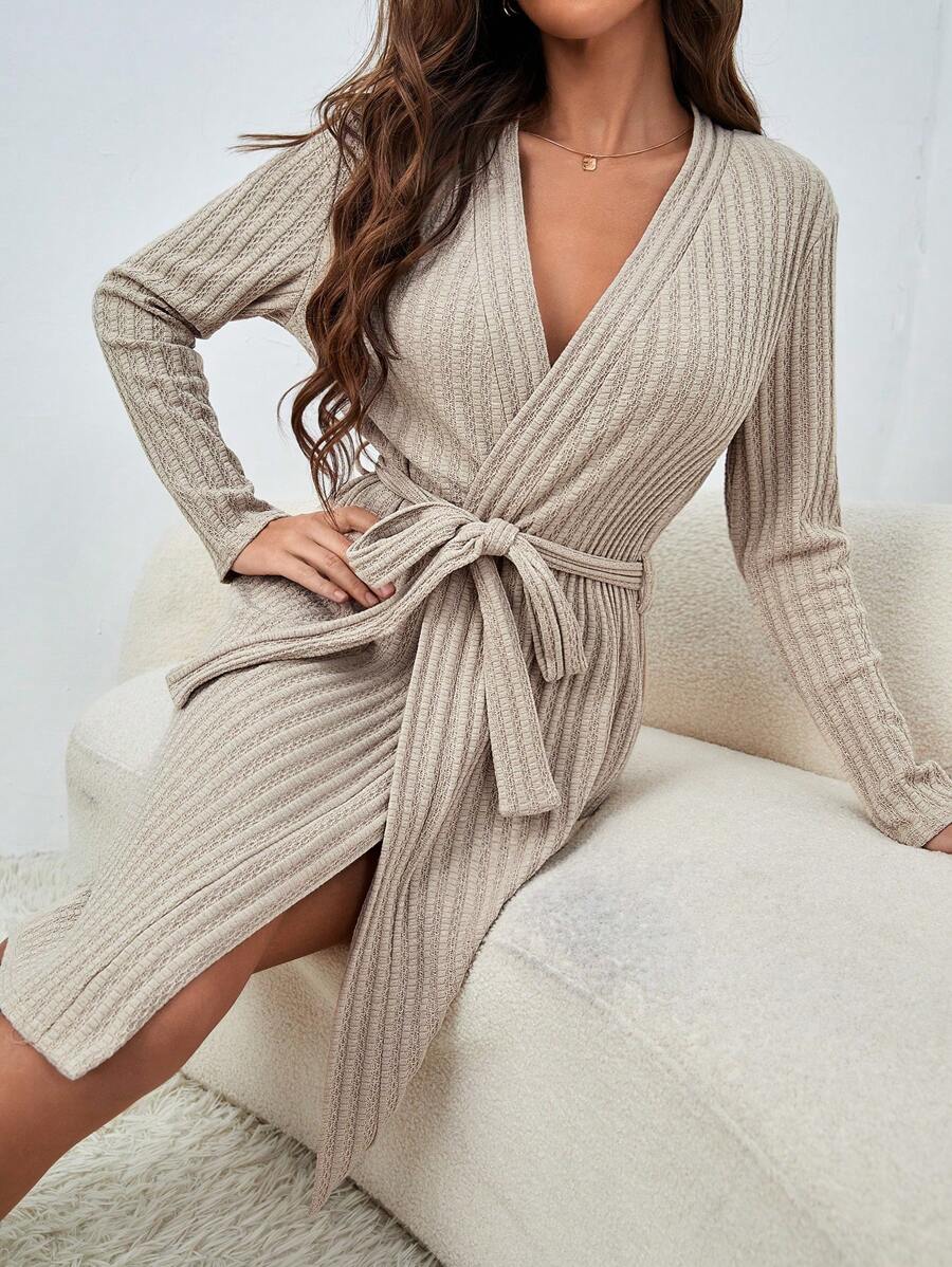 SHEIN Bata homewear unicolor con cinturón - Gris Claro - Ver 1