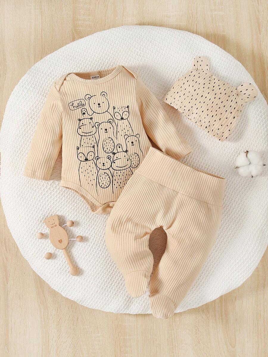 Baby Boy Bear Print Bodysuit & Footed Pants & Hat PJ Set - Apricot - View 1