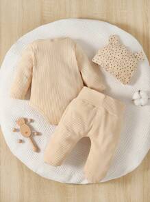 Baby Boy Bear Print Bodysuit & Footed Pants & Hat PJ Set - Apricot - View 2