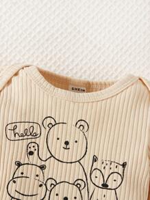 Baby Boy Bear Print Bodysuit & Footed Pants & Hat PJ Set - Apricot - View 4