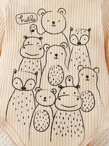 Baby Boy Bear Print Bodysuit & Footed Pants & Hat PJ Set - Apricot - View 6