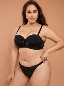 Plus Bow Front Underwire Bra & Panty Lingerie Set - Black - View 3