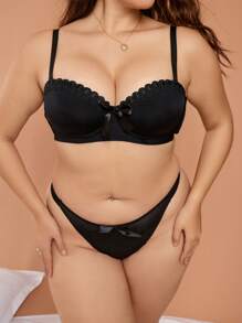 Plus Bow Front Underwire Bra & Panty Lingerie Set - Black - View 6
