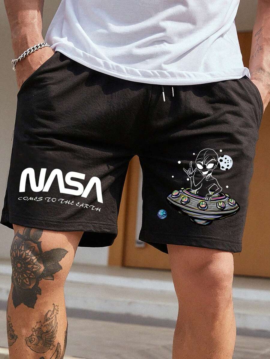 Manfinity Homme Hombres Shorts con extraterrestre & con estampado de letra de cintura con cordón - Negro - Ver 1