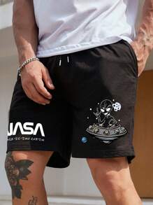 Manfinity Homme Hombres Shorts con extraterrestre & con estampado de letra de cintura con cordón - Negro - Ver 4