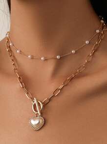 2 cái/bộ Của phụ nữ Qủa tặng Dây chuyền Đúng mốt Trân châu & Hình trái tim Vòng cổ hợp kim Bộ Đối với Kỳ nghỉ Món quà - Nhiều màu - Xem 1