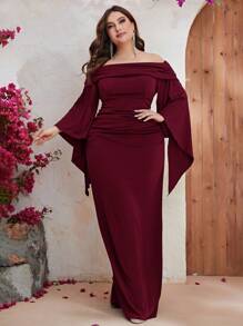 YISIKADO Plus Size Women Off Shoulder Ruched Prom Party Dress Elegant Long Sleeve Evening Dress Split Back Long Dress Arabic Style For Wedding Guest Dinner Graduation Festival - Burgundy - View 1
