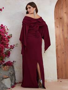 YISIKADO Plus Size Women Off Shoulder Ruched Prom Party Dress Elegant Long Sleeve Evening Dress Split Back Long Dress Arabic Style For Wedding Guest Dinner Graduation Festival - Burgundy - View 2