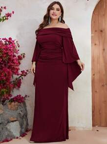 YISIKADO Plus Size Women Off Shoulder Ruched Prom Party Dress Elegant Long Sleeve Evening Dress Split Back Long Dress Arabic Style For Wedding Guest Dinner Graduation Festival - Burgundy - View 3