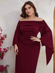 YISIKADO Plus Size Women Off Shoulder Ruched Prom Party Dress Elegant Long Sleeve Evening Dress Split Back Long Dress Arabic Style For Wedding Guest Dinner Graduation Festival - Burgundy - View 4