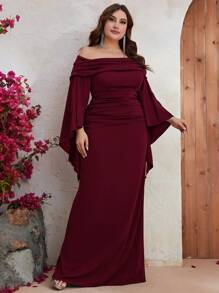 YISIKADO Plus Size Women Off Shoulder Ruched Prom Party Dress Elegant Long Sleeve Evening Dress Split Back Long Dress Arabic Style For Wedding Guest Dinner Graduation Festival - Burgundy - View 6
