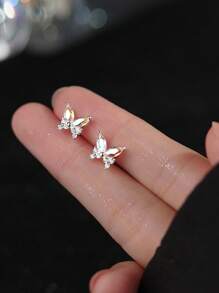 1pair Fashionable Butterfly & Cubic Zirconia Decor Silver Stud Earrings For Women For Gift Holiday