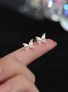 1pair Fashionable Butterfly & Cubic Zirconia Decor Silver Stud Earrings For Women For Gift Holiday
