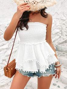 SHEIN VCAY 圓點小絨球邊荷葉邊下擺抹胸上衣 - 白色 - 查看 3