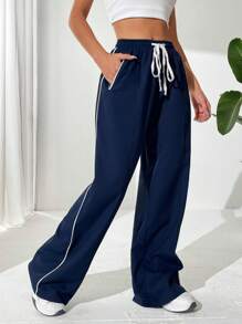 Muchica 拼接滾邊腰部抽繩長褲 - 藏蓝色 - 查看 5