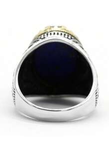 OHMMHO 1 Máy Tính S925 Bạc Nhẫn Nam Tự Nhiên Xanh Chalcedony Đá & Phong Cách Thổ Nhĩ Kỳ Phổ Thiết Lập, quà Tặng Giáng Sinh - Màu xanh lam - Xem 2