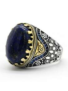 OHMMHO 1 Máy Tính S925 Bạc Nhẫn Nam Tự Nhiên Xanh Chalcedony Đá & Phong Cách Thổ Nhĩ Kỳ Phổ Thiết Lập, quà Tặng Giáng Sinh - Màu xanh lam - Xem 3