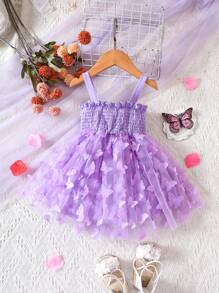嬰兒女孩蝴蝶刺繡蝴蝶結前鑲嵌背心連衣裙 - 淡紫色 - 查看 2