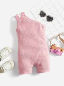 SHEIN Toddler Girls One Shoulder Ribbed Knit Romper - Baby Pink - View 1