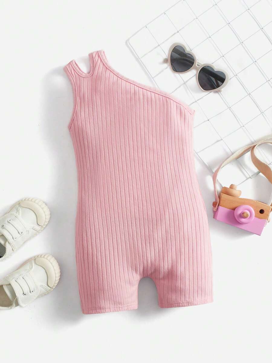 SHEIN Toddler Girls One Shoulder Ribbed Knit Romper - Baby Pink - View 1