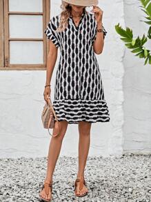 SHEIN LUNE Vestido smock con estampado de manga murciélago bajo con fruncido - Multicolor - Ver 3