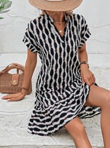 SHEIN LUNE Vestido smock con estampado de manga murciélago bajo con fruncido - Multicolor - Ver 6