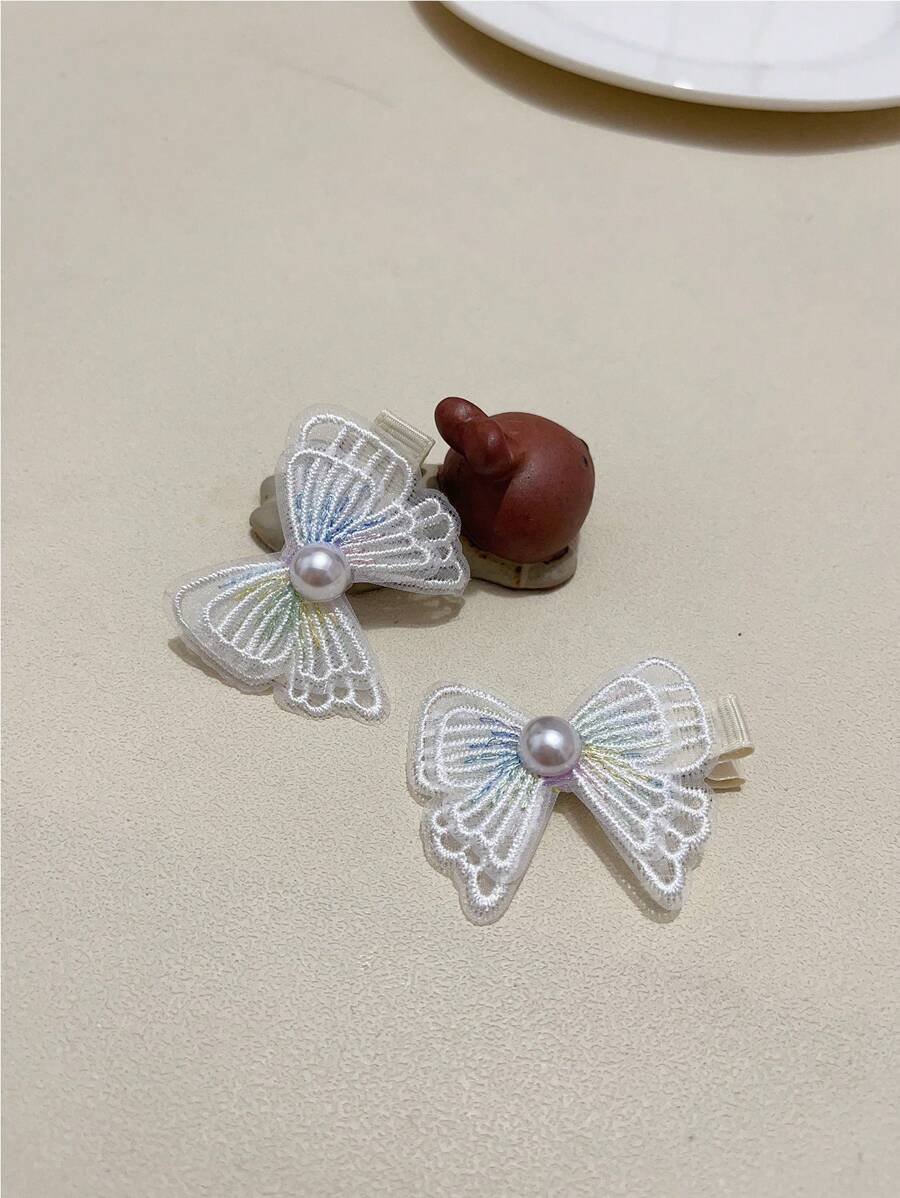 2入組女士人造珍珠和蝴蝶結裝飾時尚鴨嘴夾適用於頭髮裝飾用品 - 漸層 - 查看 1