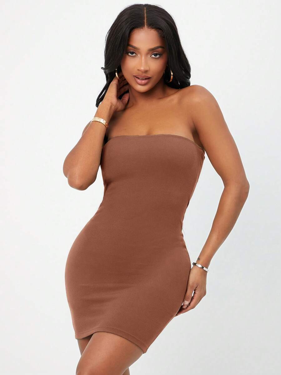 SHEIN SXY Solid Tube Bodycon Dress - Rust Brown - View 1